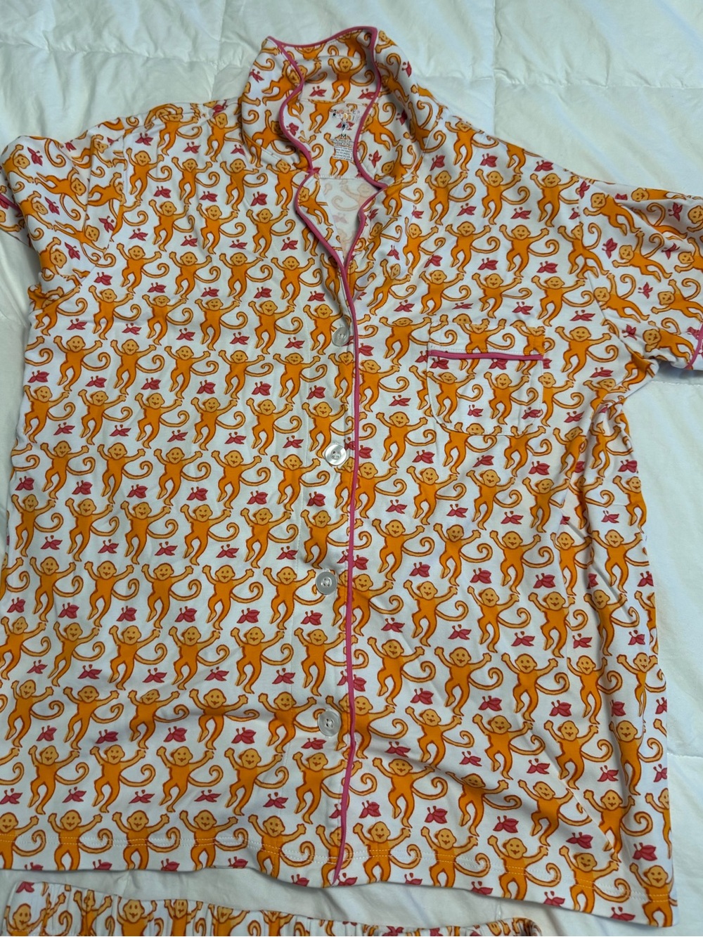 Roller Rabbit Women's White Pajama Top with Orange Monkey Print and Pink Trim